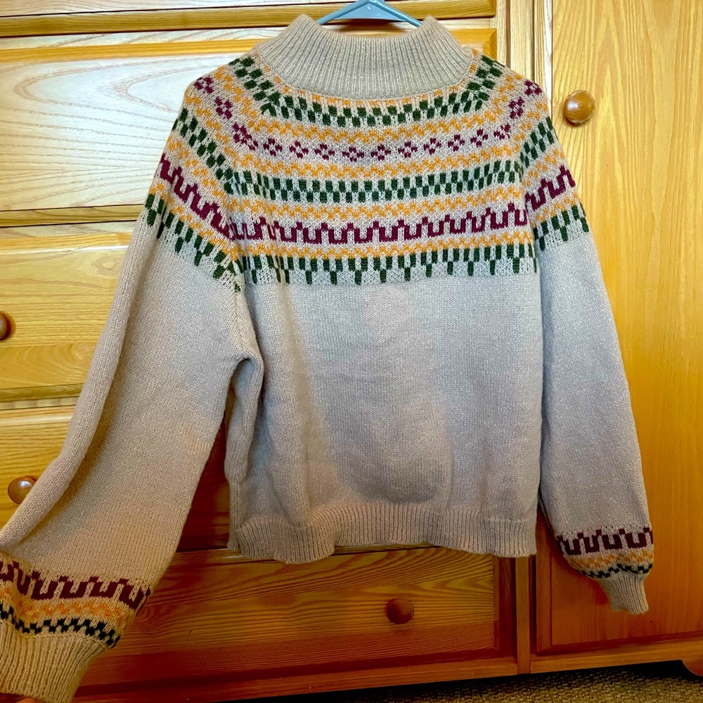 NWOT Tan Mock Turtleneck Sweater with Red, Yellow, Green Tribal Pattern
